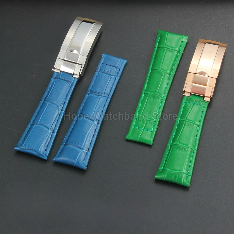 Black Brown Green 20mm WatchStrap for Rolex Daytona Yacht-Master Datejust Authentic Leather Folding Buckle Smooth Surface Finish