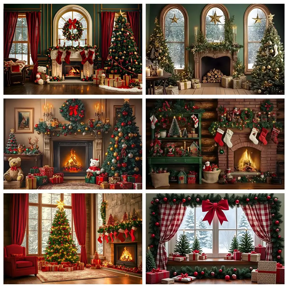 

Christmas Photography Backdrop Xmas Tree Gifts Window Wood Door Wreath Xmas Room Decor Christmas Photo Background Photostudio