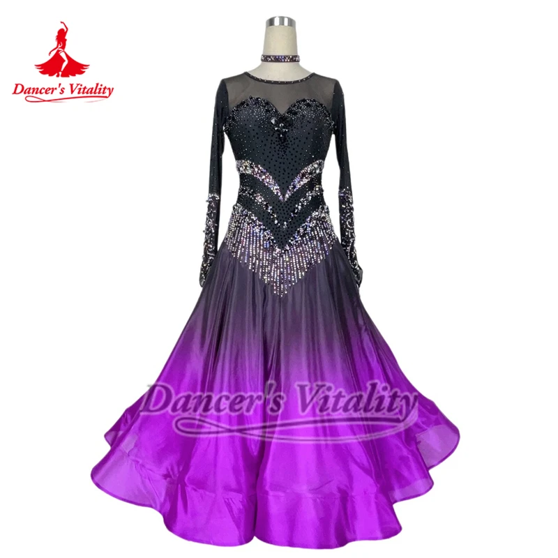 Adult Waltz Competition Perform Outfit Women Ballroom Dance Black-purple Gradient Color Pearl Silk Long Sleeves Dress Customize