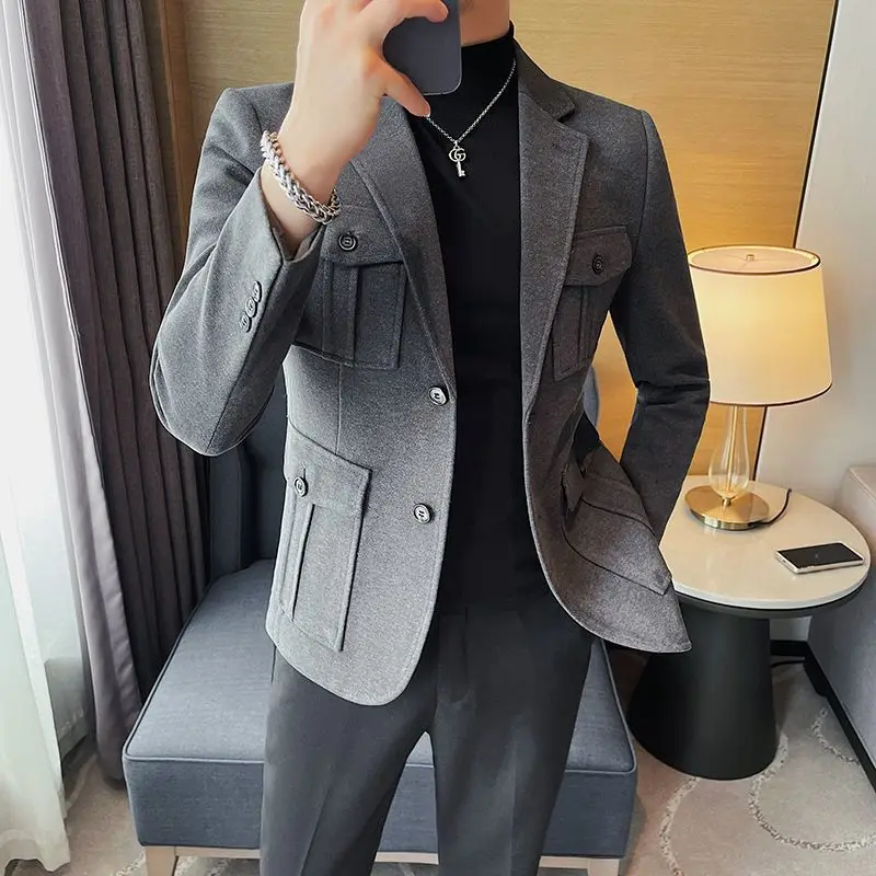 

1-A164 Woolen Suit Jacket Men's Short Autumn and Winter New Style Casual Korean Woolen Suit