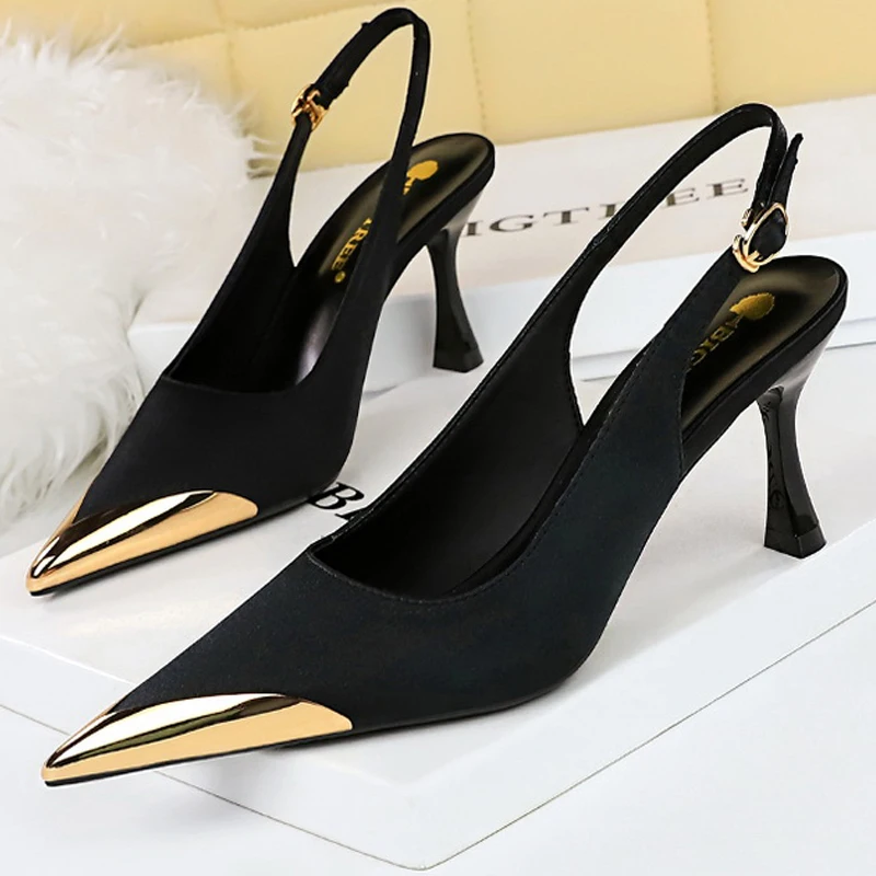 

BIGTREE Shoes Women 7 Cm Heels Metal Pointed Women Pumps Silks Satins Kitten Heels Hollow Back Women Sandals Sexy Lady Pumps