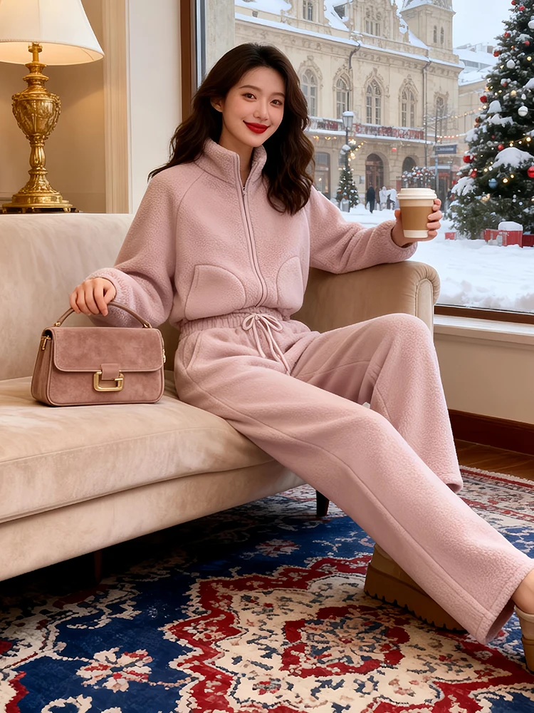 Winter Nieuwe plus Size Fce Gevoerd Verdikt katoen Jaet Wijde Pijpen Broek Tweedelige Set Vrouwen Casual Spor Chic Sle