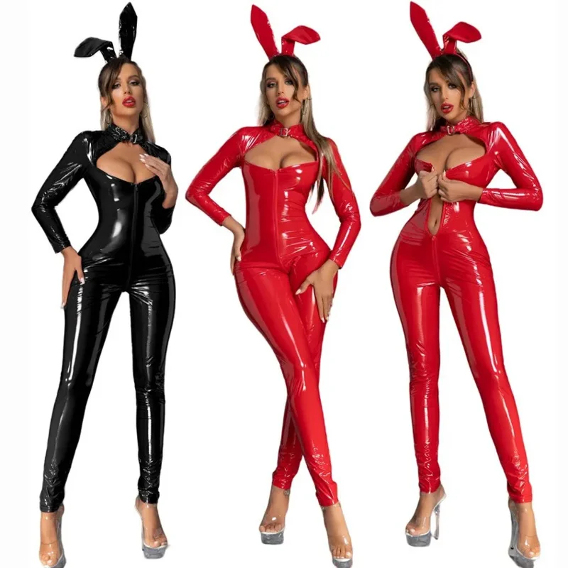 Women Sexy Wetlook Faux Leather Catsuit PVC Latex Front Zip Open Crotch Clubwear PU Jumpsuit Lingerie Bunny costumes PA5746