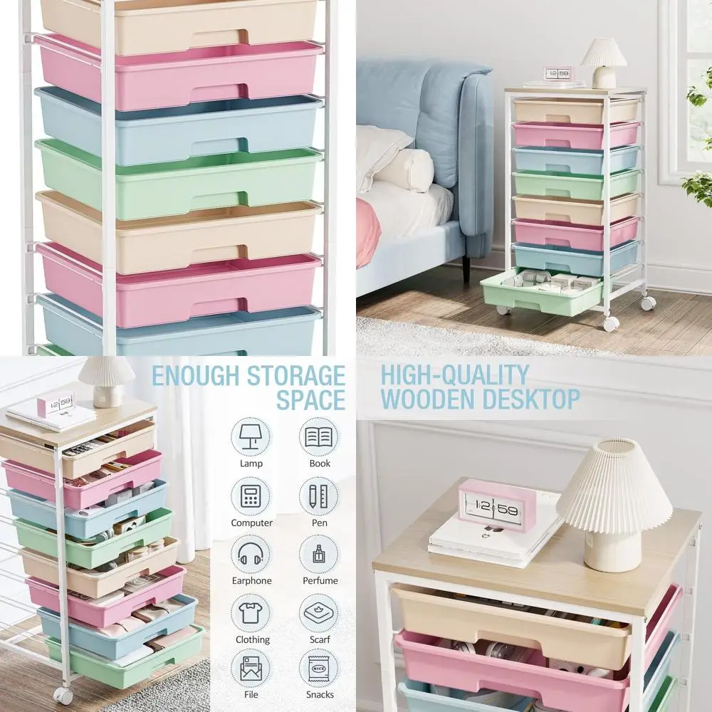 Carrinho de armazenamento multicolorido de 8 gavetas com tampo de madeira para sala de aula, arte, escritório e organização doméstica