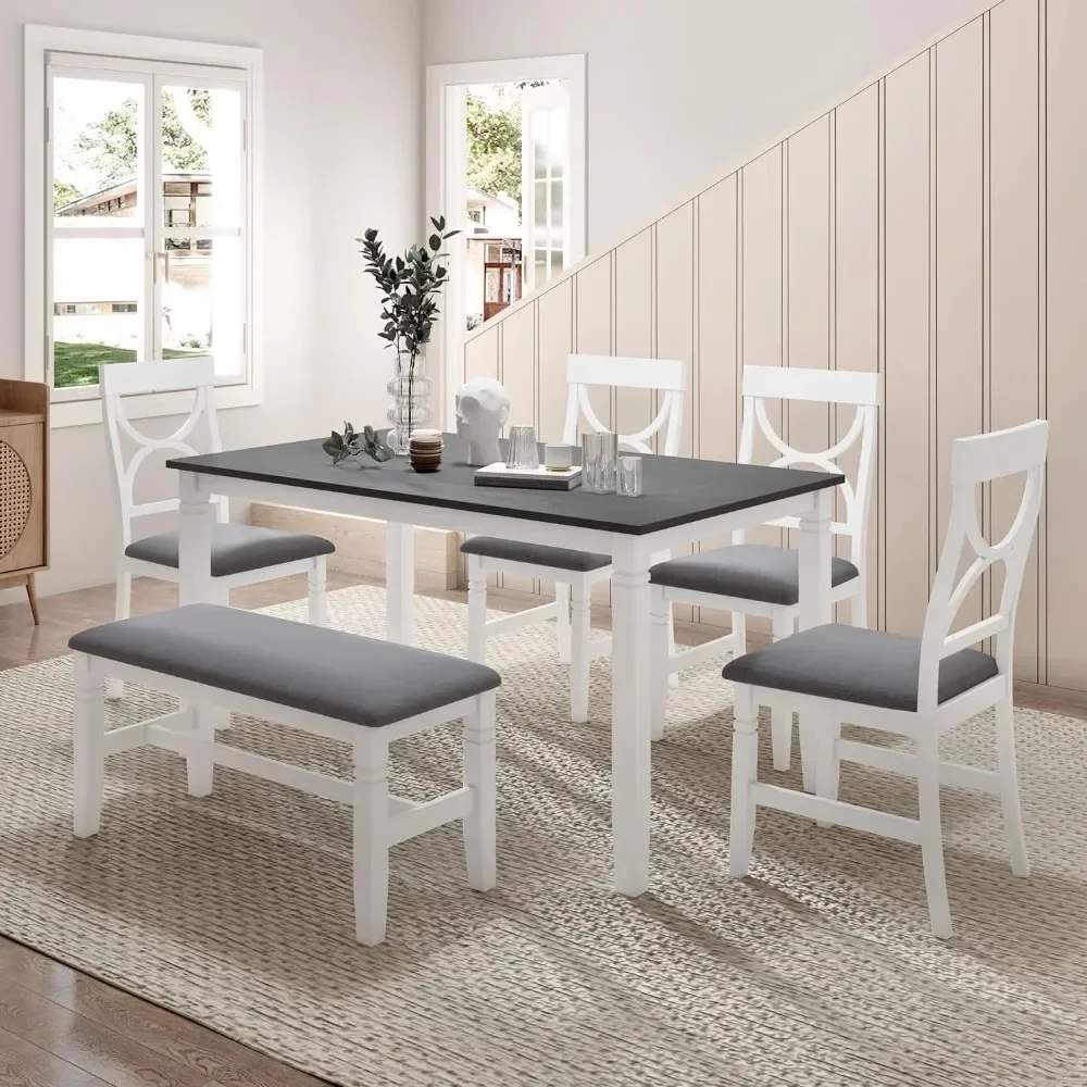 

# Hot Sales Farmhouse Style 6 Piece Solid Wood Table Set With 1 Upholstered Bench And 4 Dining Chairs For Kitchen, Gray And Whi