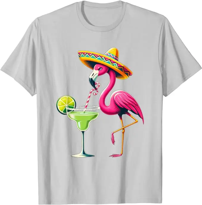 Flamingo Drinking Margarita Mexican Poncho Cinco De Mayo T-Shirt Tacos Tequila Pride Mexican Festival Party Clothes Novelty Gift