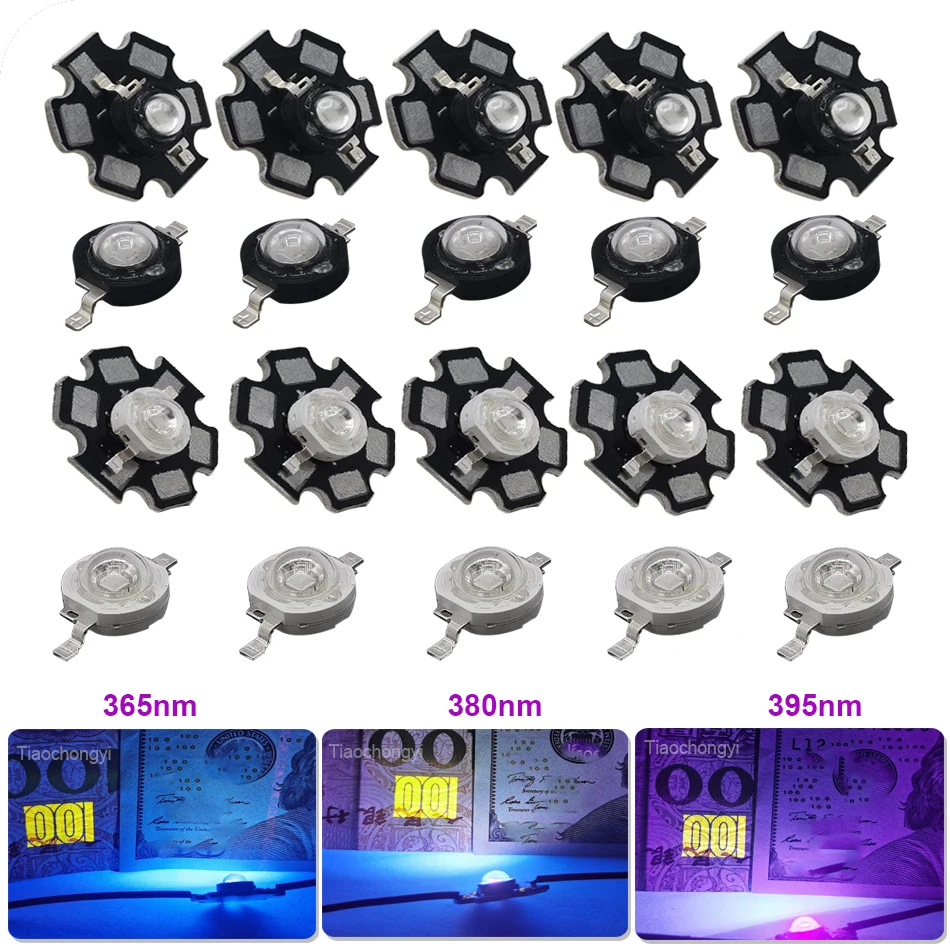 3W  UV 365nm 380nm 395nm High Power LED purple Light Chip Ultra Violet Bulbs Lamp with 20mm PCB Aluminum substrate