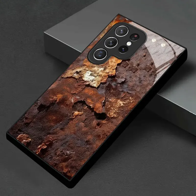 Corroded metal Texture Tempered Glass Fashion phone case for Samsung Galaxy S26/S25/S24/S23/S22/S21 FE Ultra Plus Dropresistant