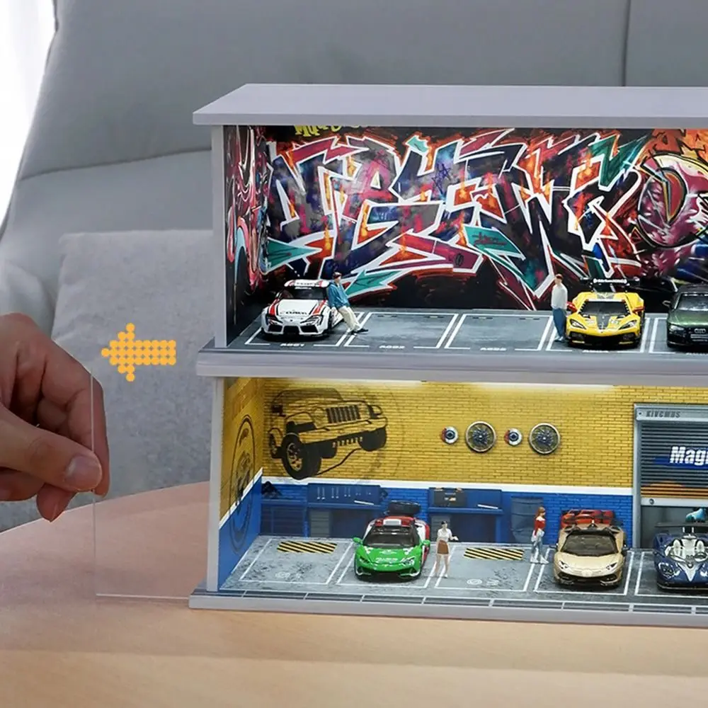Garagenszenenmodell im Maßstab 1:64, mit Lichtern, Miniatur-Parkplatzmodell, Ausstellungsraum, Ausstellungssaal, Automodell, Ausstellungsbox