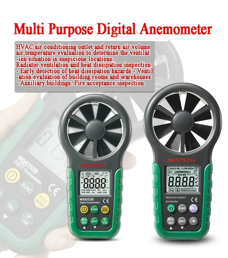 MASTECH MS6252A MS6252B MS6252D Digital Anemometer Wind Speed Meter Air Volume Ambient Temperature Humidity Tester USB Interface