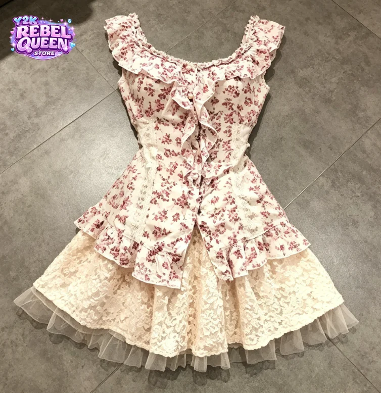 

Japanese Vintage Style Floral 2 Piece Set Ruffle Lace Slim Top + High Waist Skirt Women Summer Casual Wear Fashion Chic Outfits