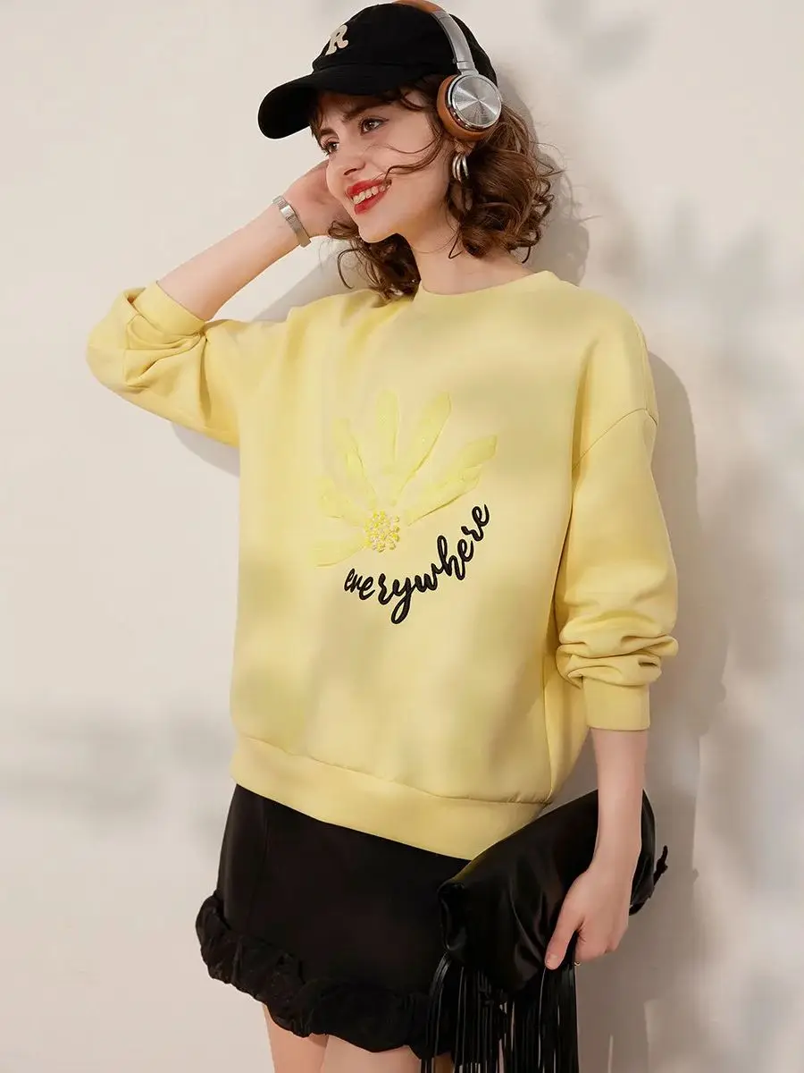 LOUIS YAO Women Hoodies 2024 Spring New 3D Embroider Flower Round Neck Long Sleeve Loose Fit Casual Pullover Women Tops