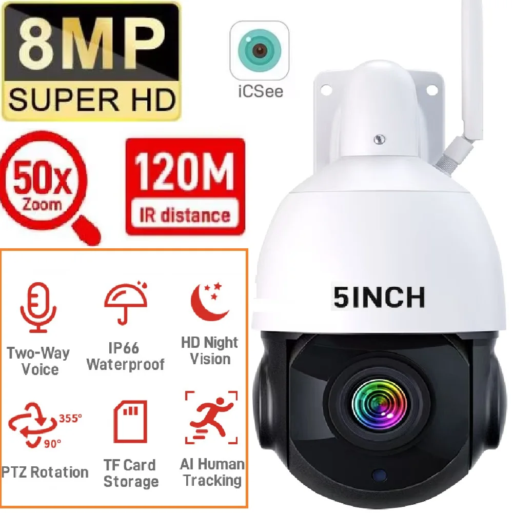 HD WiFi 50X Zoom Camera 8MP Video Surveillance IP Cameras CCTV Cam Waterproof Night Vision AI Human Detect Outdoor Security PTZ
