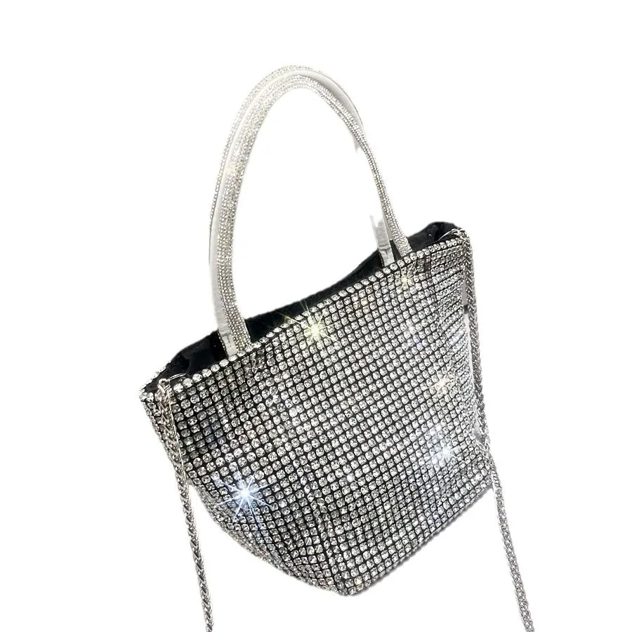 Women Silver Full Rhinestone Tote Handbag, Elegant Crystal Top Handle Bag With Detachable Chain Strap For Mature Ladies Daily