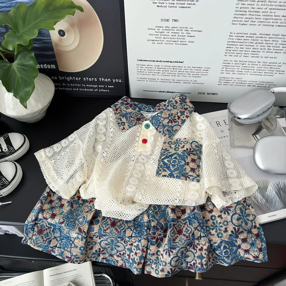 2026 Summer Korean Style Boys Girls Short Sleeve Outfit, Kids Hollow Out Thin Breathable Shirt Two Piece Set