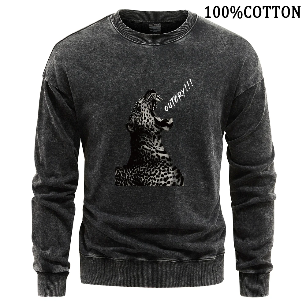 Roaring Leopard Man Sweatshirt Vintage Washed Hoodie Flexible Comfort Cotton Hoody Oversize Loose Crewneck Sweatshirts New Tops