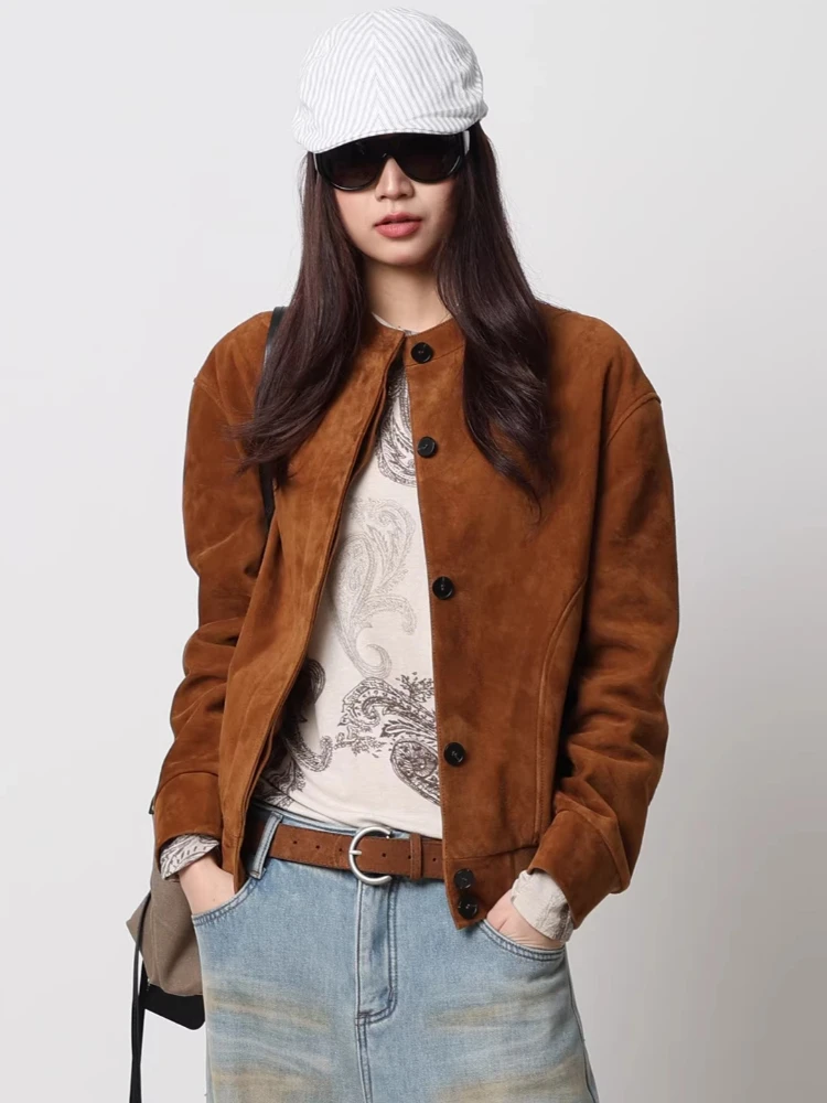 

O-neck Short Genuine Leather Jackets for Women Spring Autumn High-end Simple Vintage Loose Soft Real Sheepskin Suede Coat