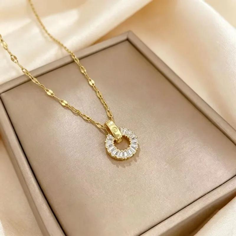Women Luxury Micro‑Paved Rhinestone Circle Jewelry Set Titanium‑Steel Full‑Diamond Necklace Stud Earrings Daily Party Clavicle