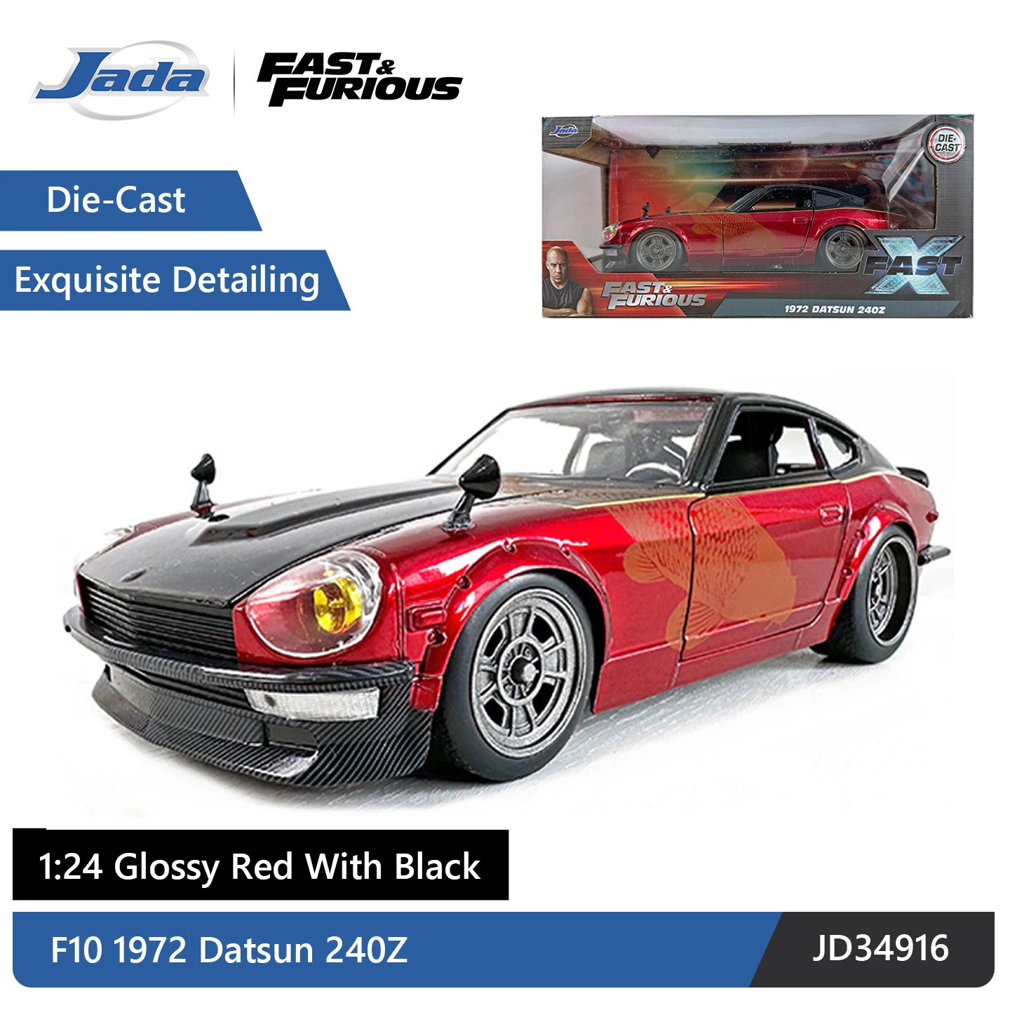 JADA 1:24 분노의 질주 1972 다츠운 240Z 다이캐스트 모델 - 광택 레드와 블랙 악센트 JD34916