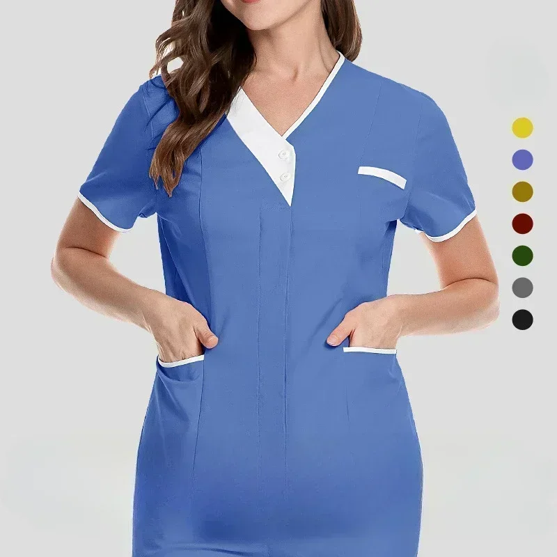 ممرضة موحدة تسمح بمرور الهواء ، قمم تناسب ضئيلة ، وزرة مختبر ، ملابس فرك ، اكسسوارات الموضة لصالونات التجميل ، الصيف ،