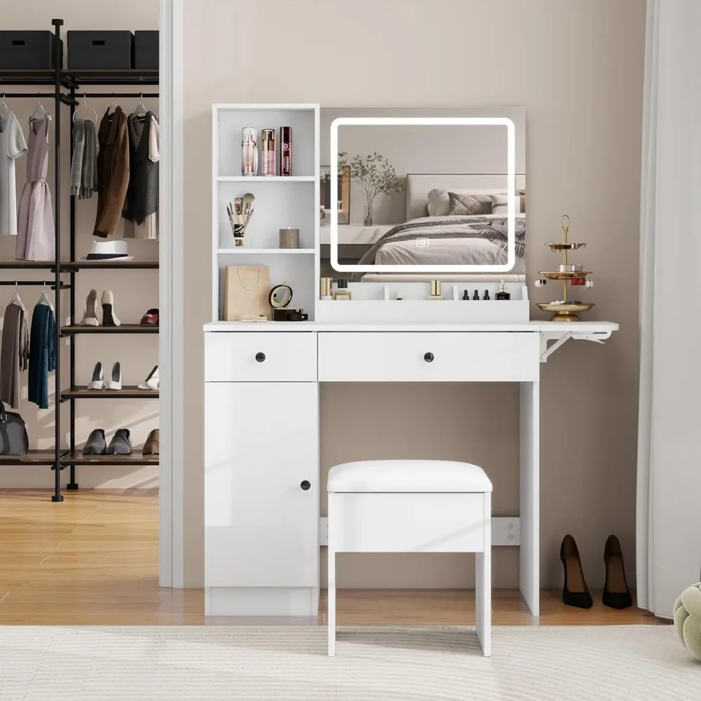 

Vanity Desk Set with Mirror and LED Lights, Makeup Table with 2 Drawers & 1 Cabinet, Power Outlet, Storage Cushioned Stool