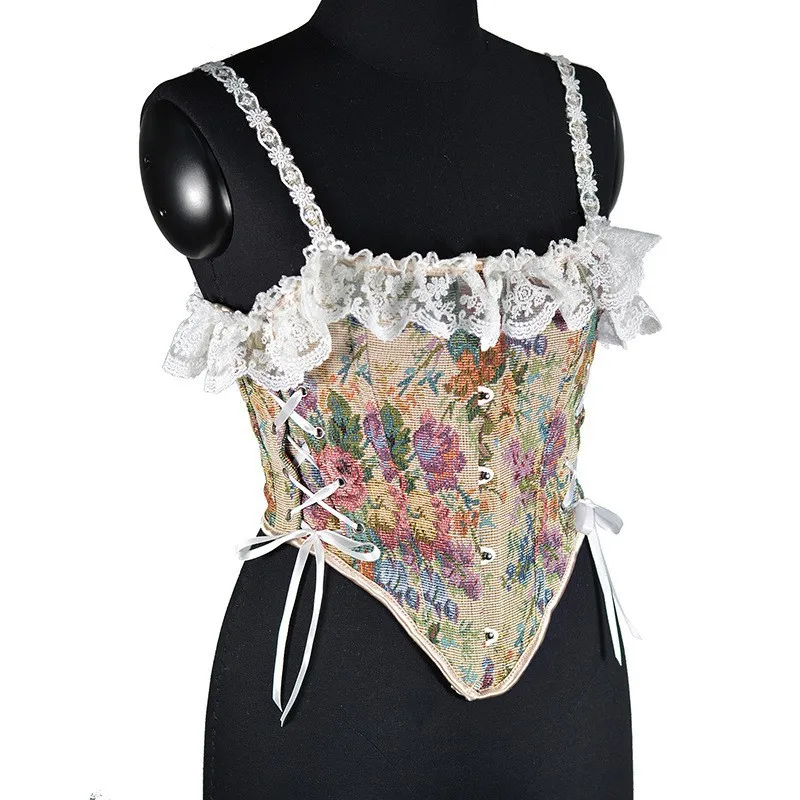 Cross-border French Peony Printed Lace Suspender Cardigan Buckle Lace Up Women's Top Short Corset