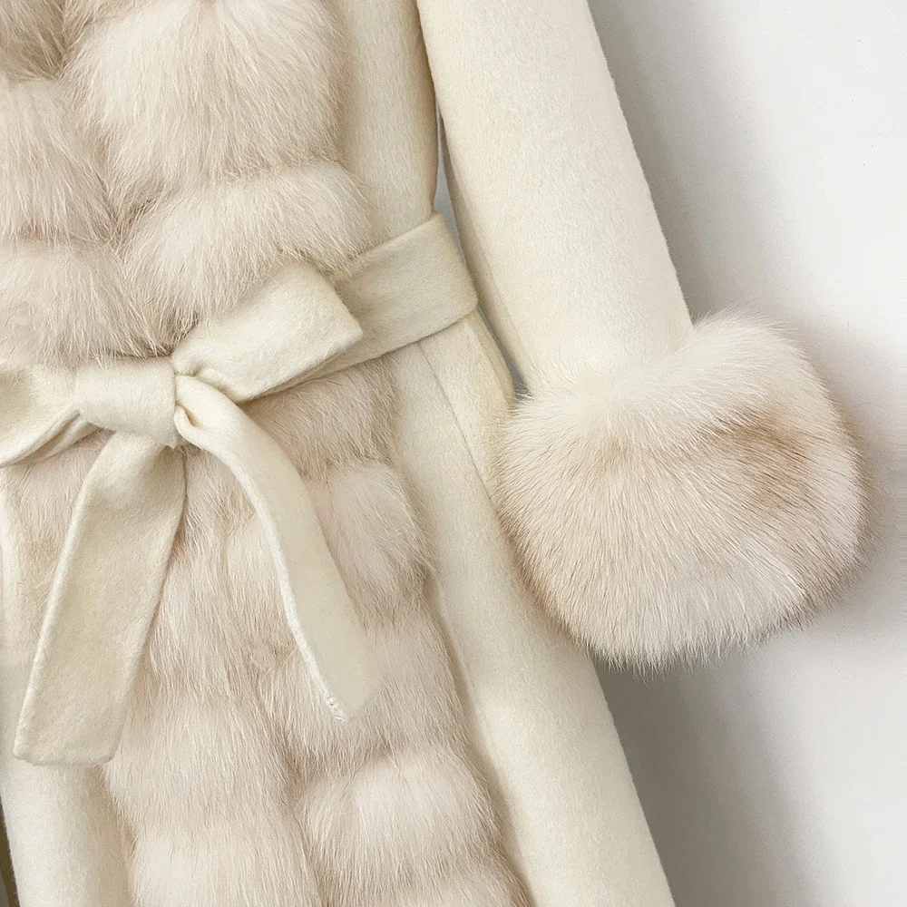OFTBUY Neue Winter-Luxuskleidung Damen-Oberbekleidung Langer Woll-Alpaka-Mischmantel mit Echtfuchs-Pelzbesatz und Gürtel Wolljacke für Damen – Detail 14