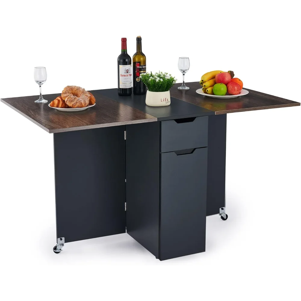 

Modern Folding Dining Table, Drop Leaf Dining Table & Expandable Kitchen Table with Drawer & Storage Shelves