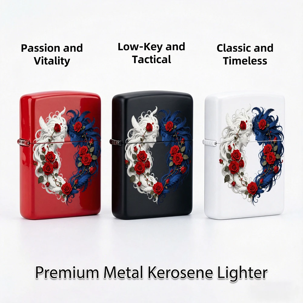 Flip Top Lighter White And Blue Goddess Twins Red Rose Gothic Art Pattern lighters vintage lighters for smokers Collectible Gift