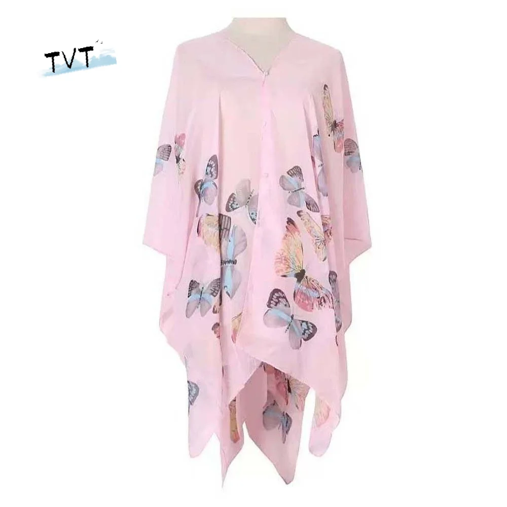 

Sweet Breathable Sunscreen Butterfly Shawl Long Polyester Thin Large Scarf with Buckle Lightweight Seaside Vacation Cloak Women