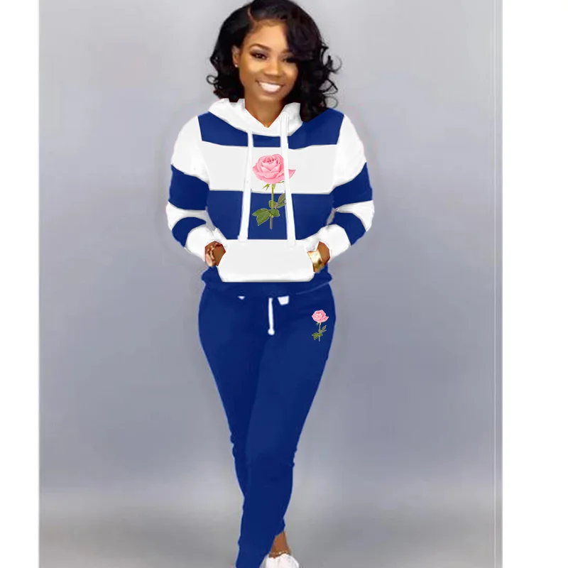 

Spring Autumn Tracksuit Women Two Piece Set Stripe Hooded Long Sleeve Sweatshirt Top+Pants Leisure Sports Suit Casual Outfits