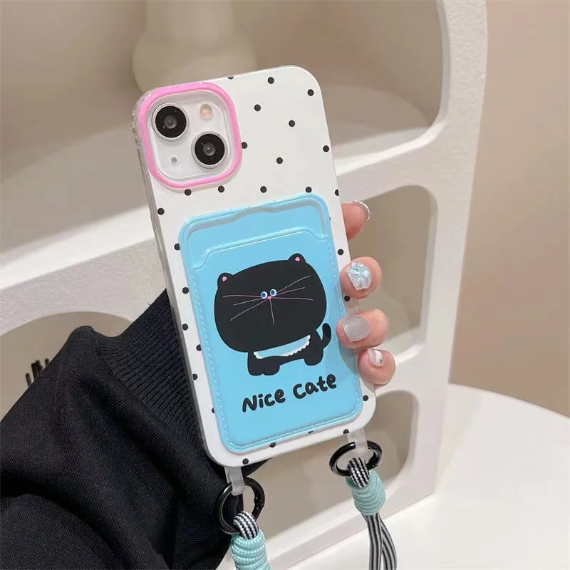 Card bag funny cartoon polka dot black cat phone case with   For iPhone 15 14 Plus X XS XR 11 12 13 Pro Max Silicone Cases Cover