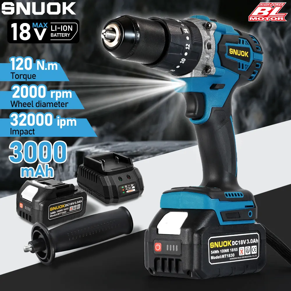 Snuok Бесщеточная многофункциональная электрическая ударная дрель 120N.M Аккумуляторный электроинструмент для домашнего ремонта для литиевой батареи Makita 18 В