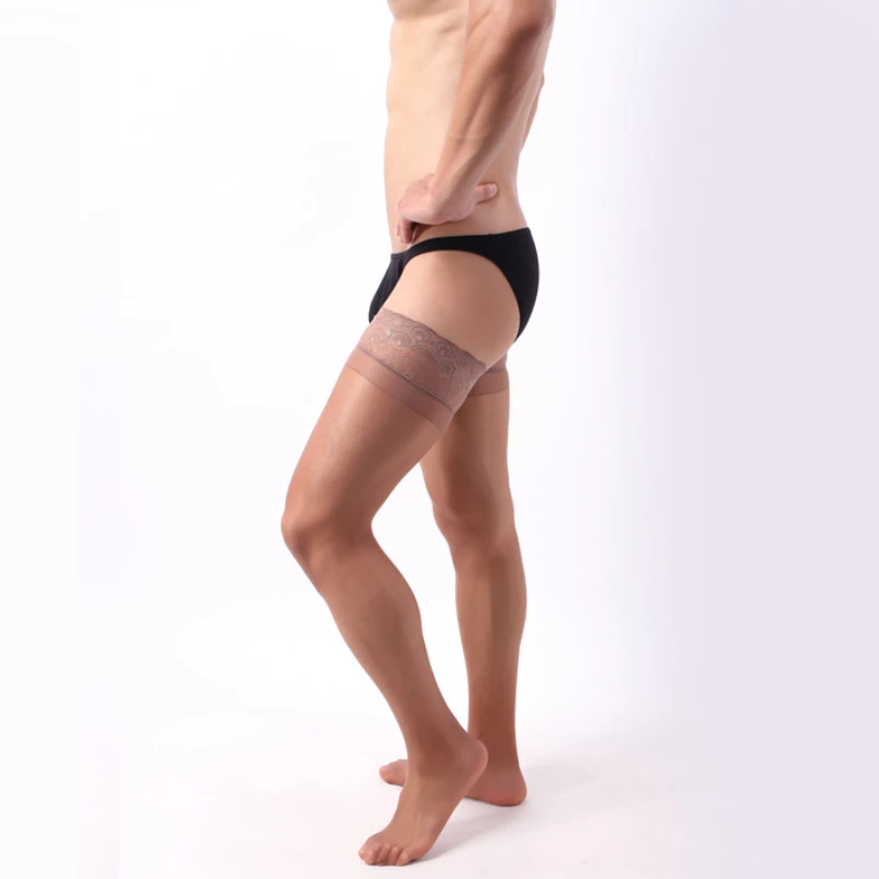 2 Pairs Man Ultrathin Anti-slip Nylon Stockings Mans Transparent Sexy Lace Thigh High Socks Gift for Men Stocking Male Socks New