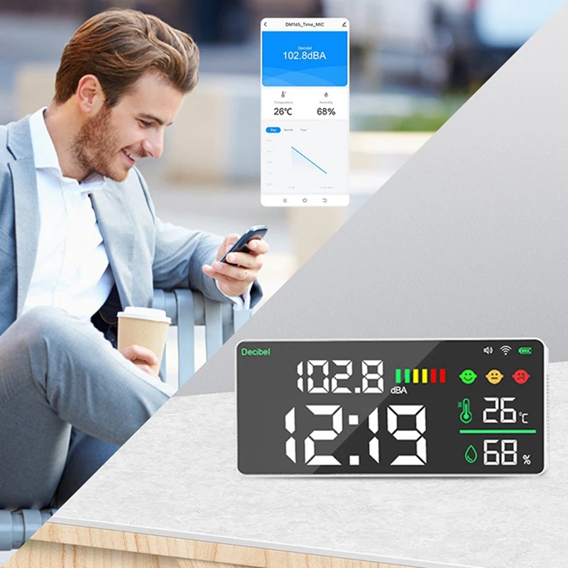 Wall Mounted Smart Noise Tester Decibel Meter Temperature And Humidity Monitor LED Large Screen Decibel Meter