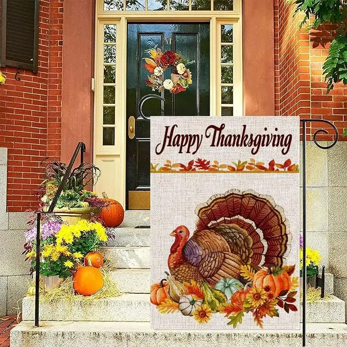 Thanksgiving Garden Flag (12x18inch,Double-Sided,Burlap) Turkey Flag for Thanksgiving Day Harvest Fall Autumn Yard House Outside