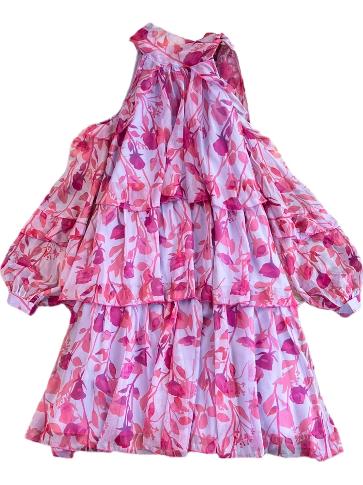 Vestido de chiffon com decote doce, ombro à mostra, praia, férias, linha a, estampa floral, maxi estilo coreano, manga cri...