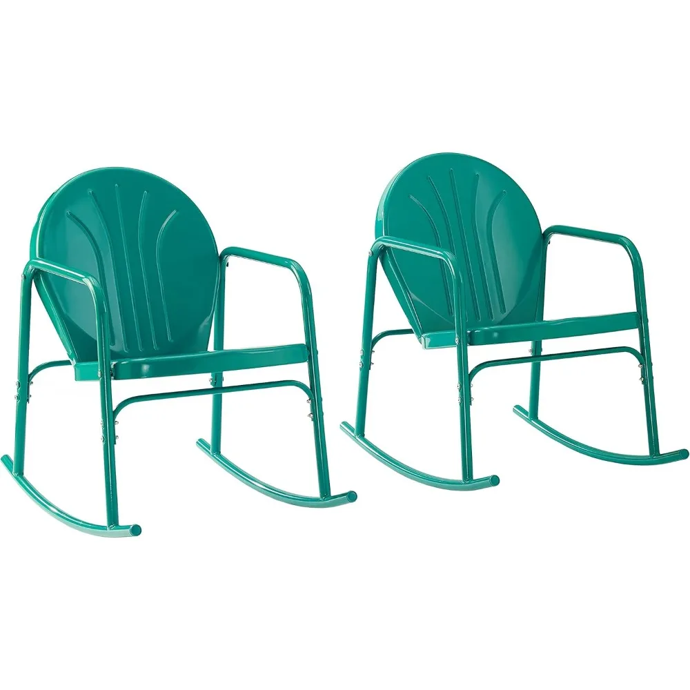 زوج من كراسي الهزاز المعدنية ذات الطراز القديم للمساحات الخارجية بلمسة نهائية لامعة باللون الفيروزي