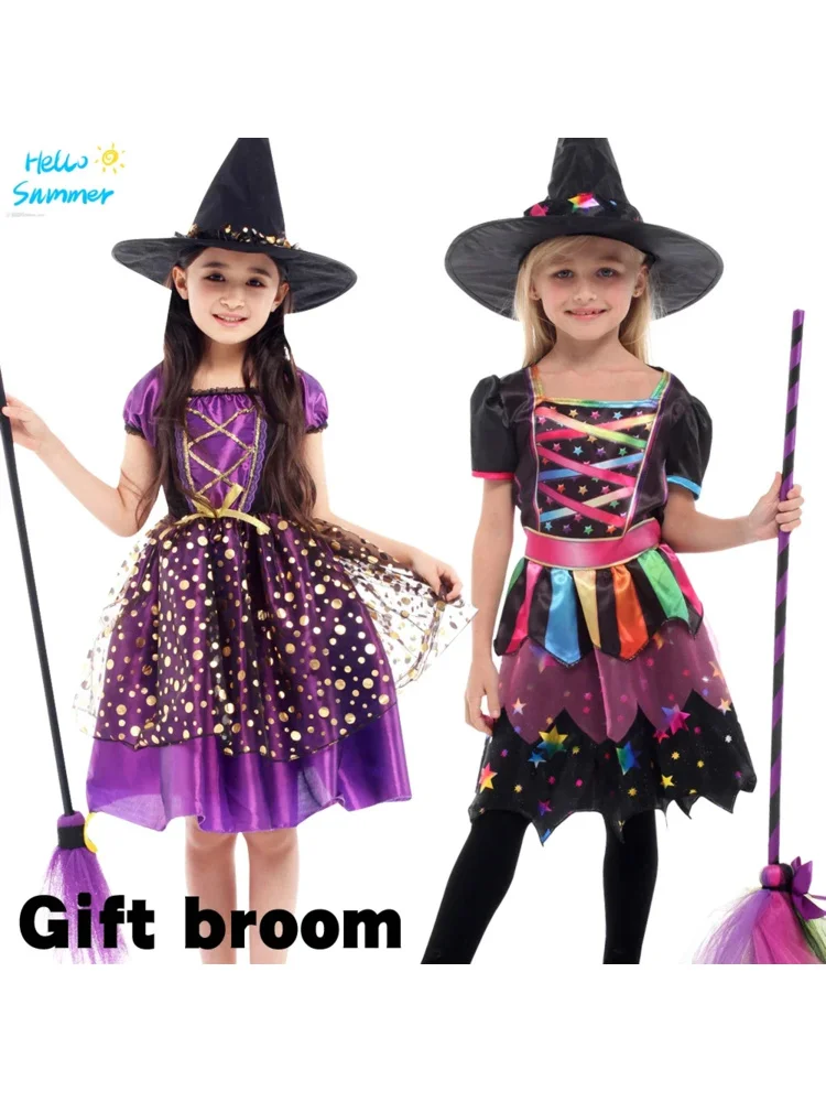جديد ❤ 2025 هالوين الأرجواني فستان الساحرة مع قبعة مكنسة يتوهم حفلة تنكرية زي تنكري لفتاة الأطفال تأثيري الرقص الاطفال Hol ☆ ☆ ☆