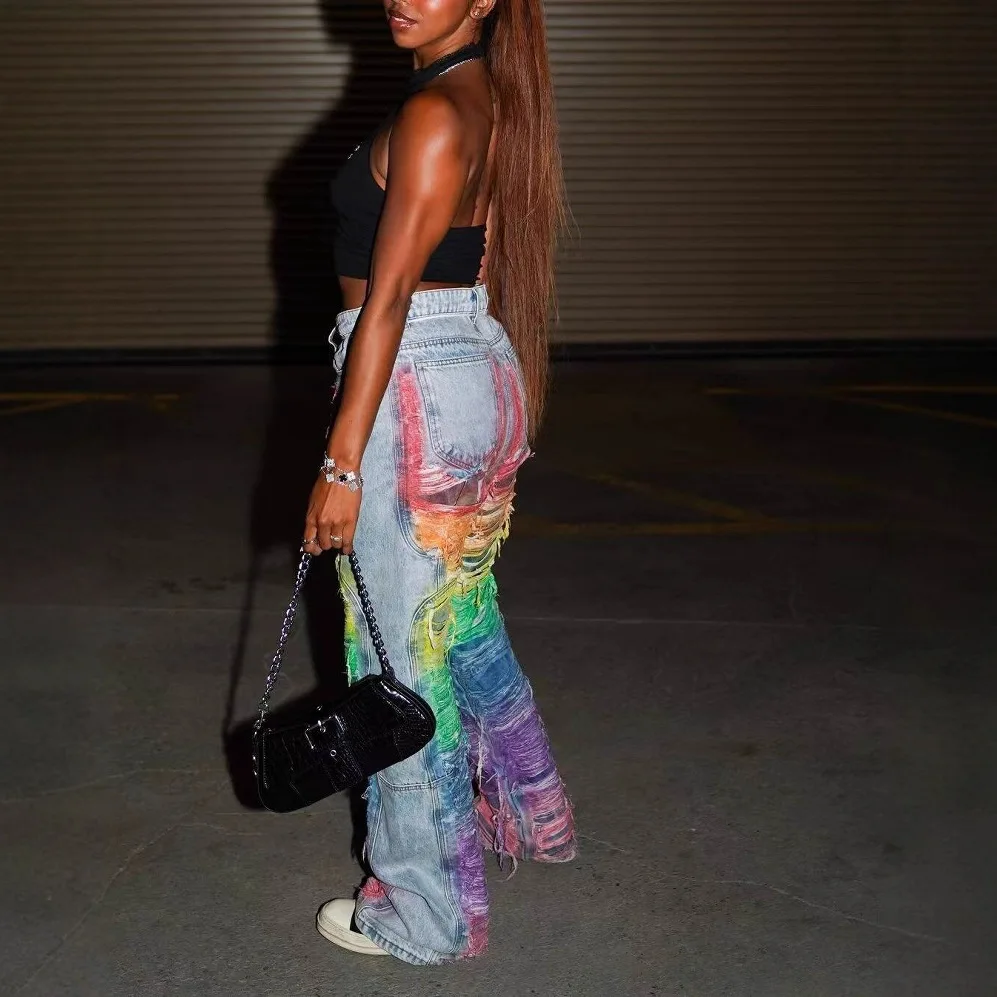 

Distressed Women Denim Pants Colorful High Waist Zipper Fly Straight Jeans 2025 Autumn New Popular Streetwear Sporty Tracksuits