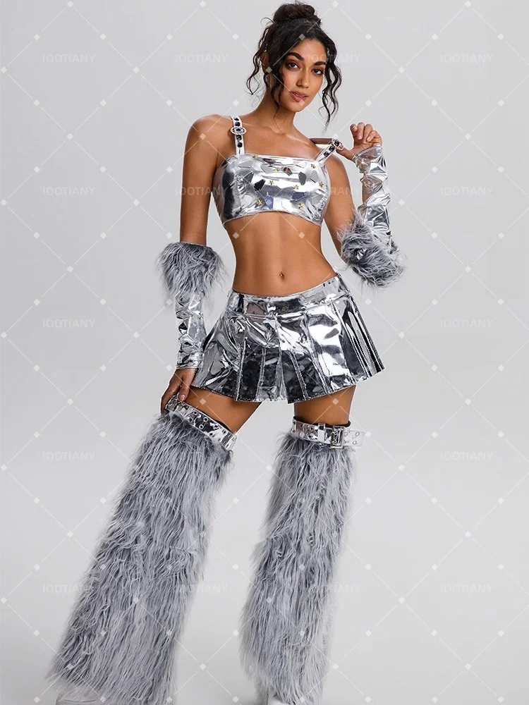 Shiny Metallic Silver Rave Dress Rave Music Festival Suit Clubwear Faux Fur Leg Warmers Arm Warmers Crop Top Pleated Mini Skirt view 4