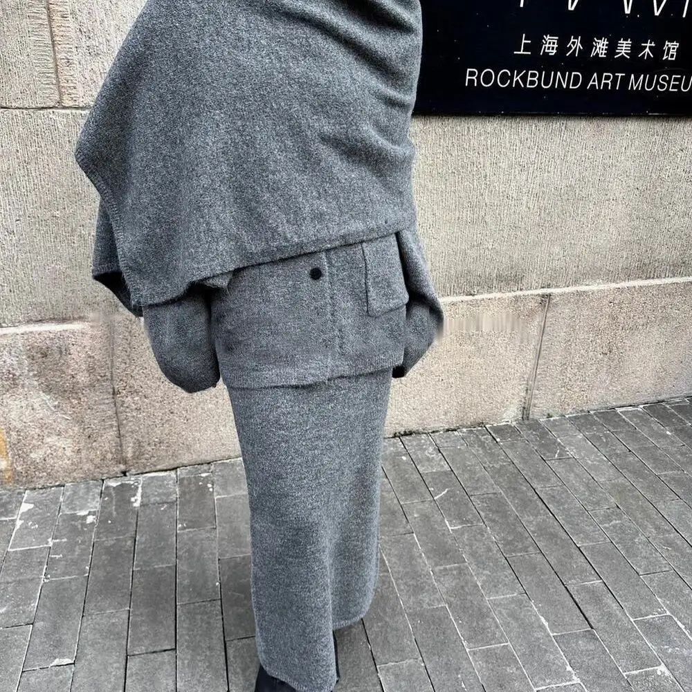 مجموعة سترة عصرية للنساء للخريف والشتاء سترة محبوكة بنمط كسول جديد مع وشاح وتنورة طقم مكون من ثلاث قطع #5