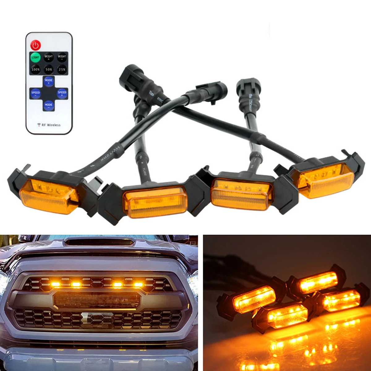 4Pcs Raptor-Style Car Front Grille Lights LED Mount Assemblies for Toyota Tacoma WTRD Pro 2016-2019 Flashlight Lamps With Remote