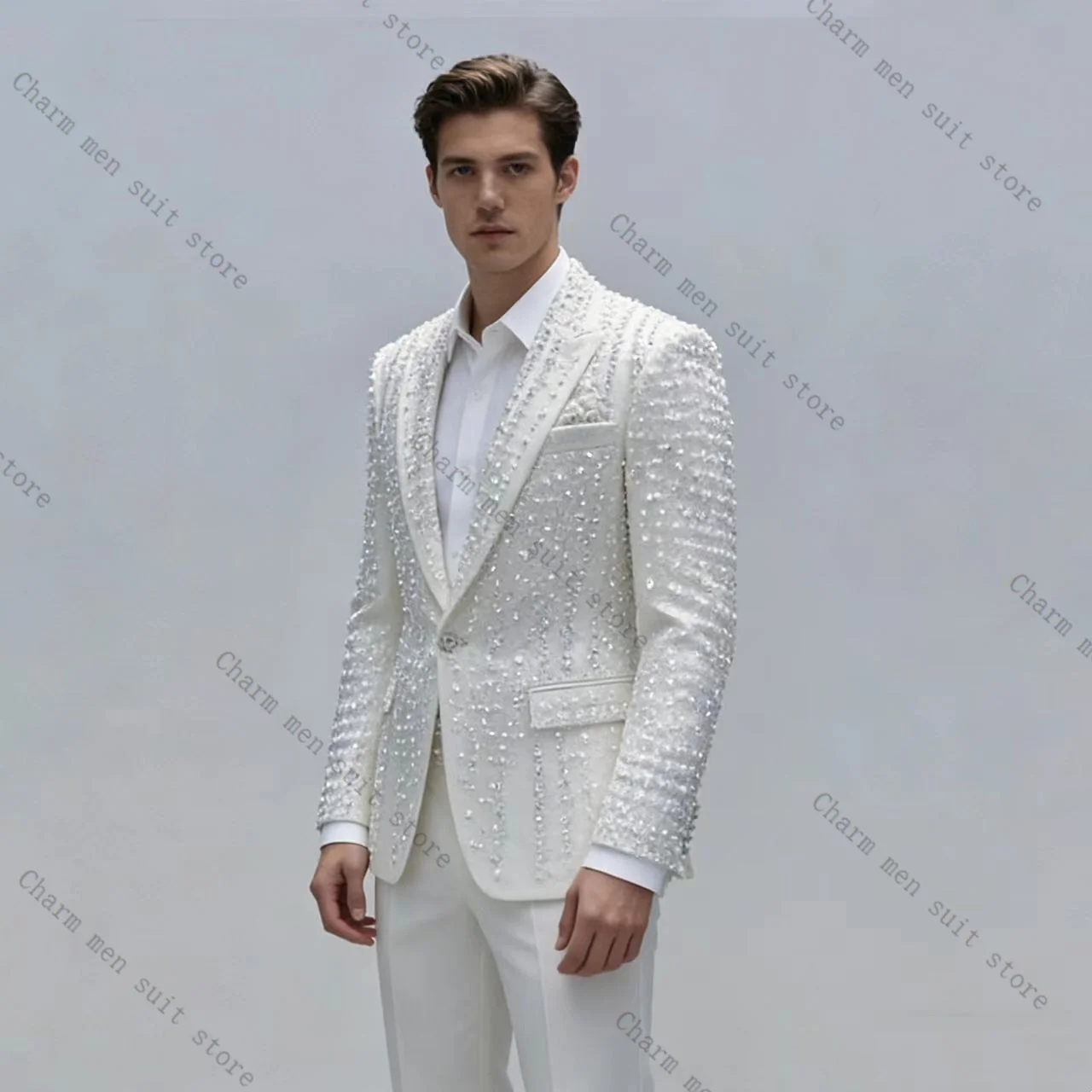 

Crystals White Men Suits Set 2 Pcs Blazer+Cotton Pants Trousers Luxury Wedding Tuxedo Formal Office Business Groom Jacket Coat