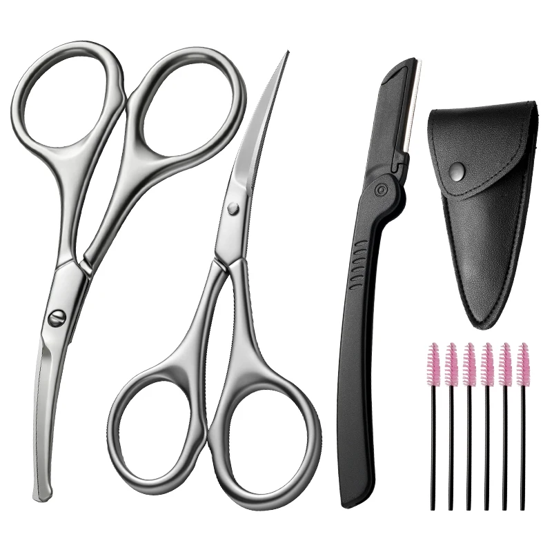 1/9 Stück Edelstahl-Augenbrauen-Nasenhaarschere mit Kamm, Gesichtshaartrimmer, Bartpflege-Werkzeug für Männer und Frauen