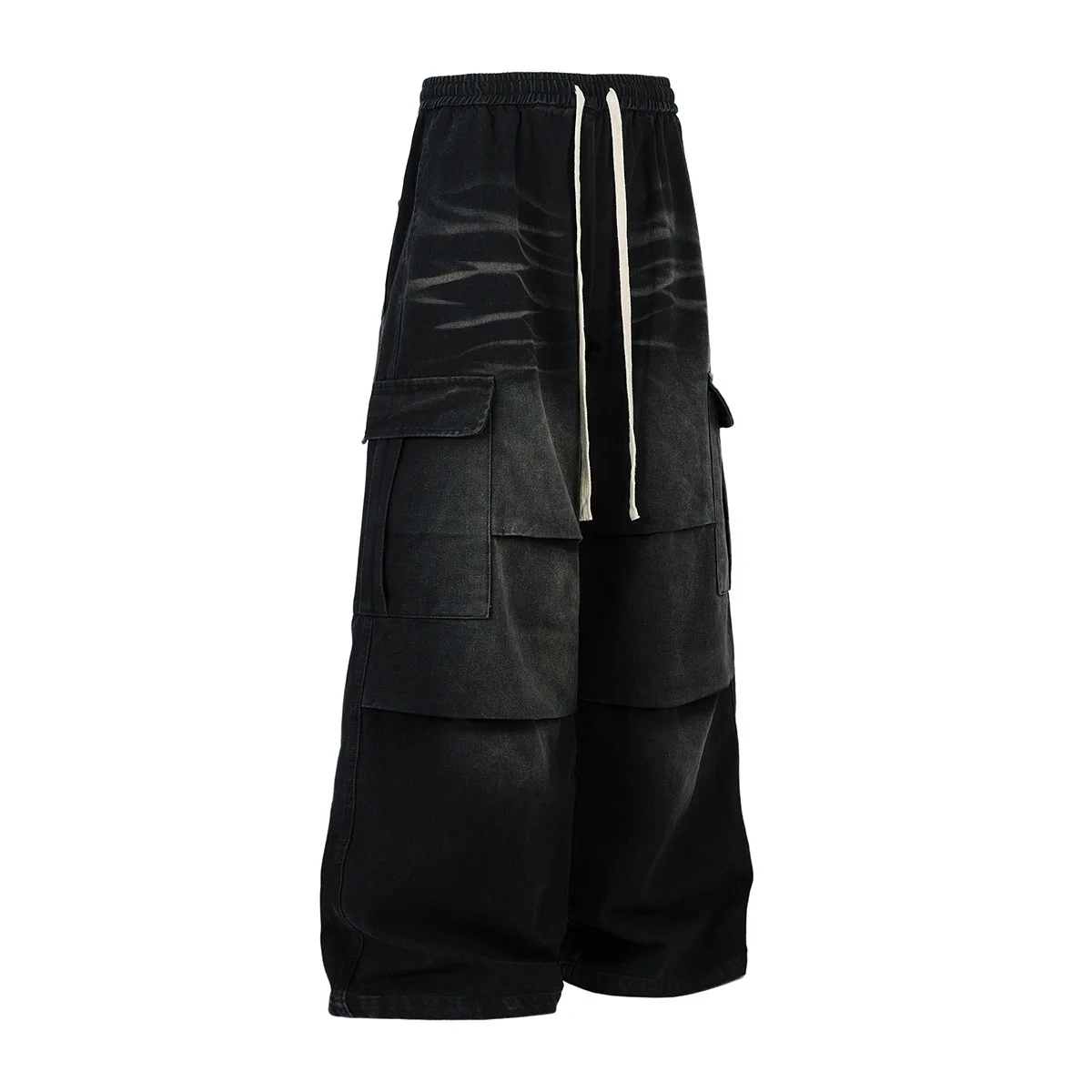 MWJLPWQ Men's Wear American Retro Washed Workwear Jeans Drawstring Straight Street Multi Pocket Loose Wide-Leg Trousers 16918