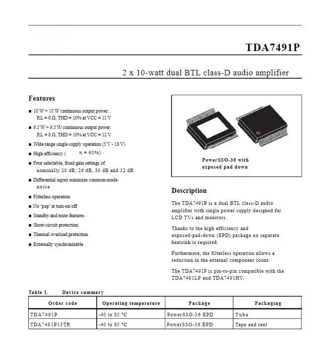 Amplificateur audio double BTL classe D 2x10 watts, 1-5 pièces, SSOP-36 TDA7491, original, 100% neuf et importé