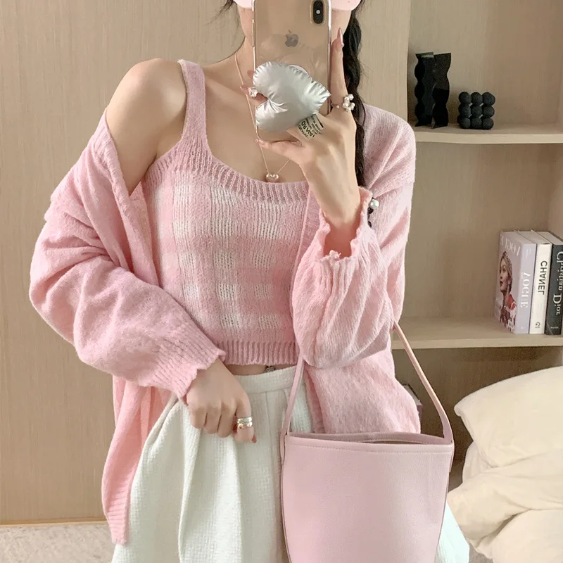 Gentle and Lazy Style Plaid Suspender Sweater Jacket Cardigan Women's Knitted Two-piece Set Korean Version Top