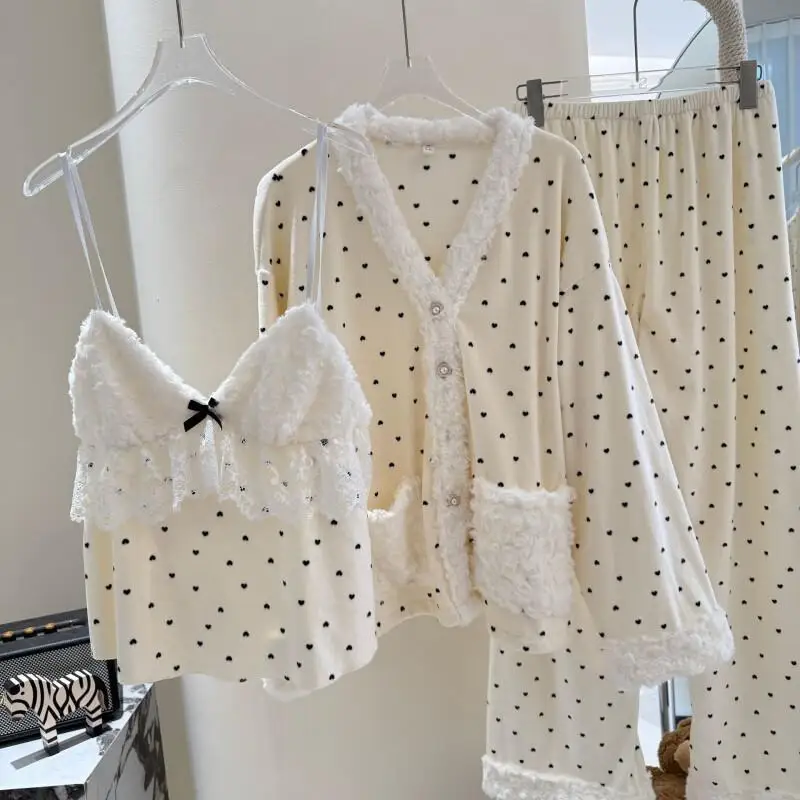 

Sleepwear Three Piece Pajamas Set Women Winter Warm Long Sleeve Padded Camisole Homewear Loungewear Nightwear Set