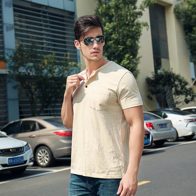 

Summer Short Sleeve Button Cotton T-shirt Men Round Neck Plus Size Tshirt Oversize Boys Khaki White Tops Tee Shirt Vintage 4xl